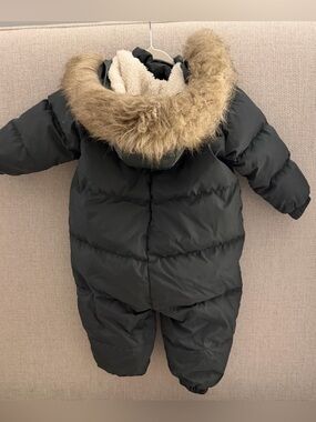 Rylee + Cru Green Puffer Snowsuit with Brown Faux-Fur Trim